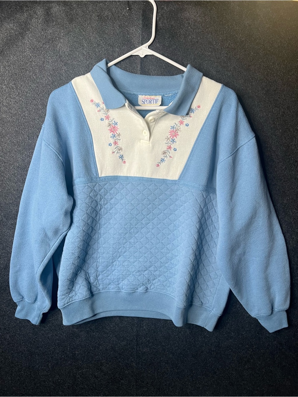 VTG 80s American‎ Sportif Blue White Floral Embroidered Sweatshirt Womens Size L